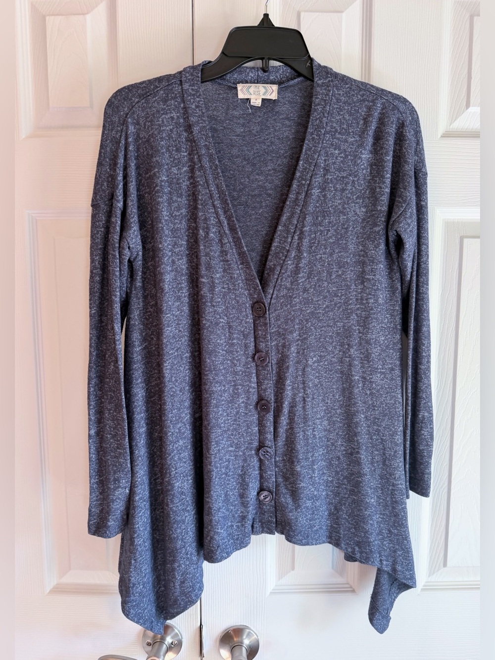 Pink Rose Heather Slate Blue V-Neck Button Cardigan